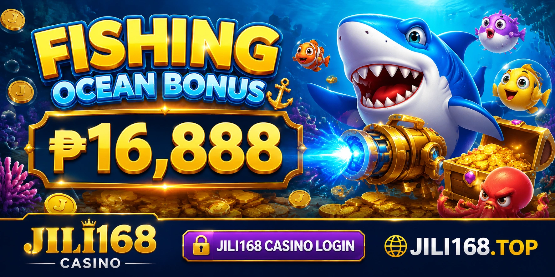 Fishing arcade room with colorful sea creatures and cannon controls