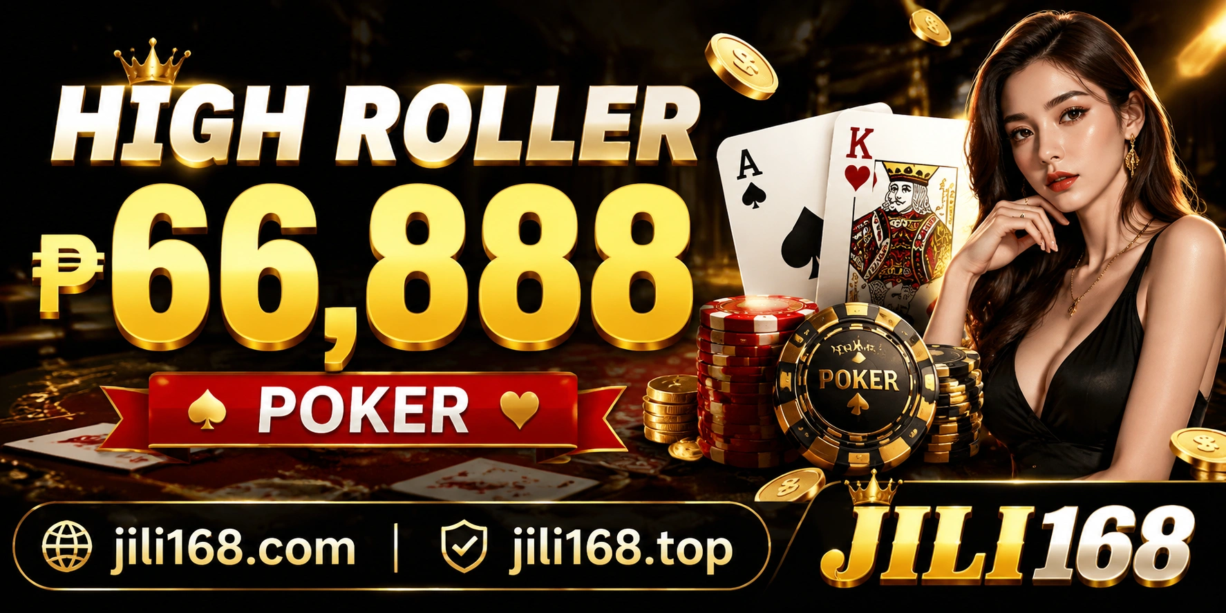 Poker promotion style visual with cards and chips